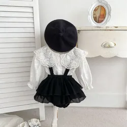 Baby Clothing 2024 New Fashionable Spring Korean Style Girls Solid Color Big Lapel Shirt Strap Sweet Casual Pants Two-piece Set