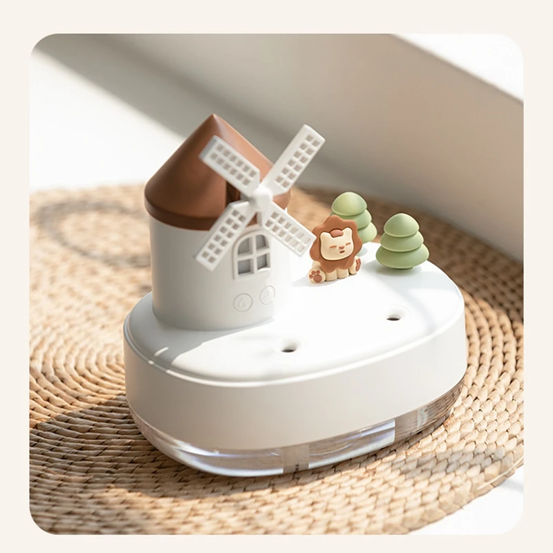 Umidificador Windmill com caixa de música e luz noturna, Mini Desktop Cute Pet Umidificador, Umidificador Névoa Fresca