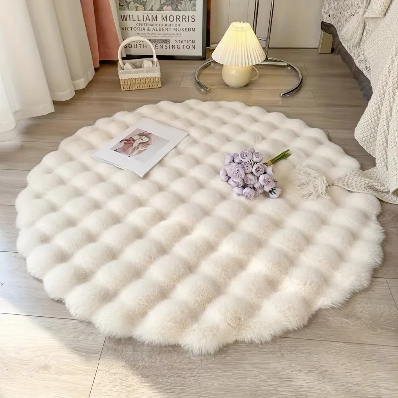 

1pcs Creamy Style Polyester Plush Rug Round Solid Color Bubble Fleece Rabbit Fur-Like Window Seat Bedroom Bedside Mat
