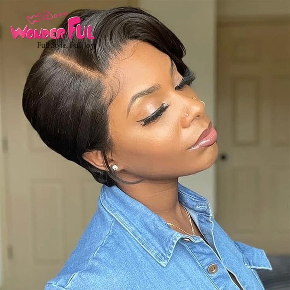 Pelucas de cabello humano de encaje de corte Pixie corto, pelo Remy brasileño liso Bob para mujeres negras con raíz negra, pelucas de encaje cortas para mujer