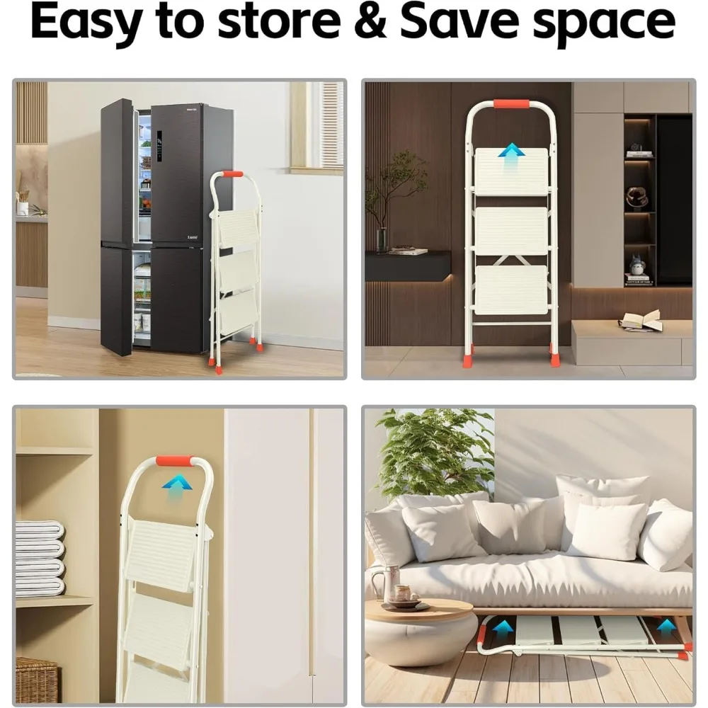 سلم قابل للطي بوزن 600 رطل شديد التحمل مع درابزين - مقعد طويل ممتد بثلاث خطوات للبالغين في المطبخ المنزلي