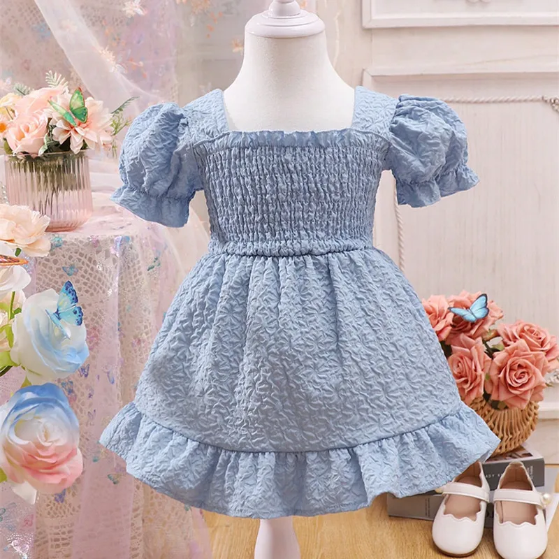 

Summer 2023 New Arrivals Girls Short Puff Sleeve Ruffles Blue Cute Infantil Menina Cute Birthday Party Dress Custume 0-2T