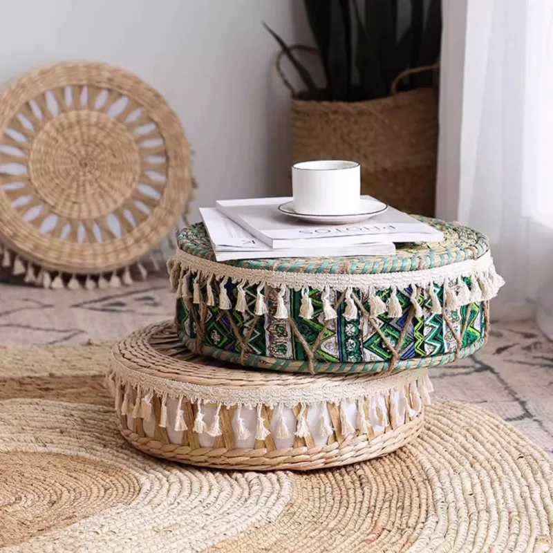 35x10cm Bohemian Household Round Straw Woven Seat Cushion Japan Style Living Room Tatami Drift Window Sitting Mats Yoga Cushion