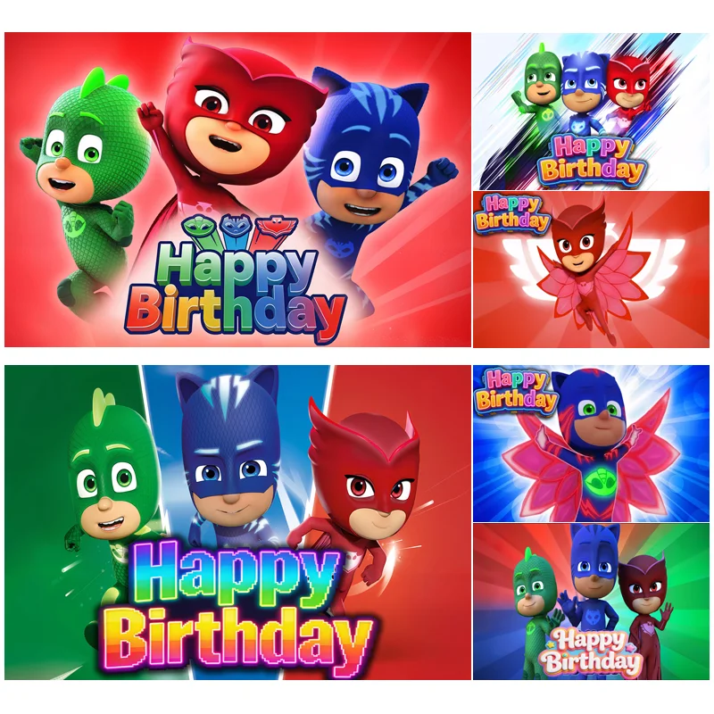 Cartoon PJED Massk Happy Birthday Backdrop BannerKids Children's Cartoon Super Hero Background Party Decor Photo Props