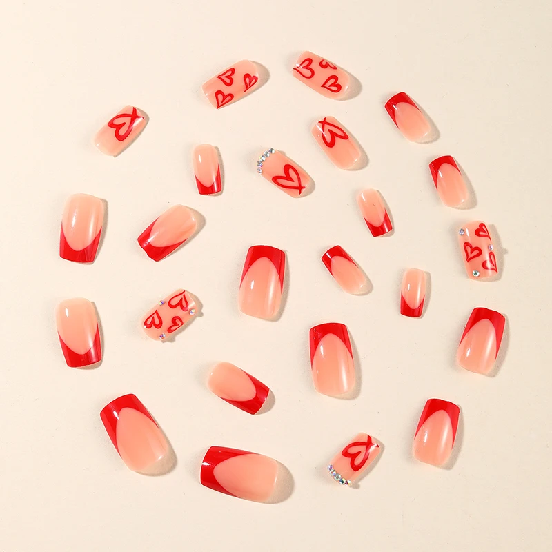 24pcs Love Pattern Short Square Fake Nails Wearable French False Nail With Glue Simple Glitter Edge Manual Press On Nail Tips