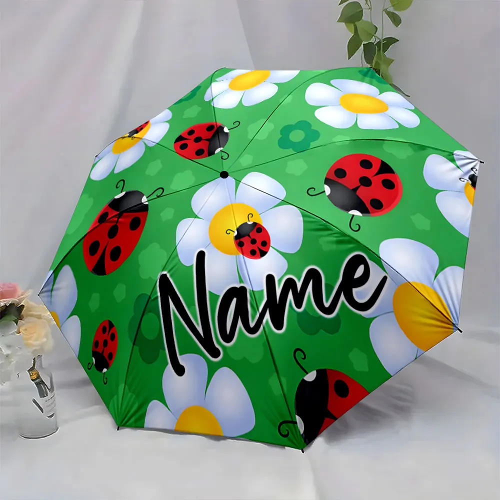 Custom Name Colorful Umbrella with Ladybugs and Flowers Design Print 8 Iron Ribs Folding Umbrella Auto-Open Fashion Sunshade
