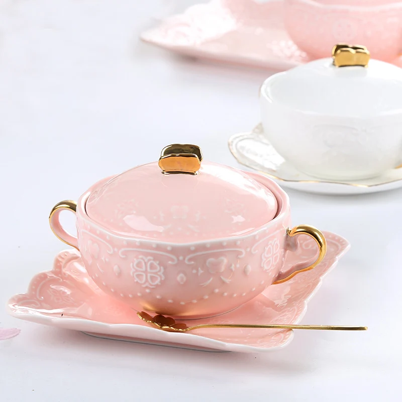 Embossed Ceramic Dessert Soup Bowl White Stew Cup Luxury Gold-plated Exquisite Soup Cup Porridge Bowl Tableware Kitchen Utensils