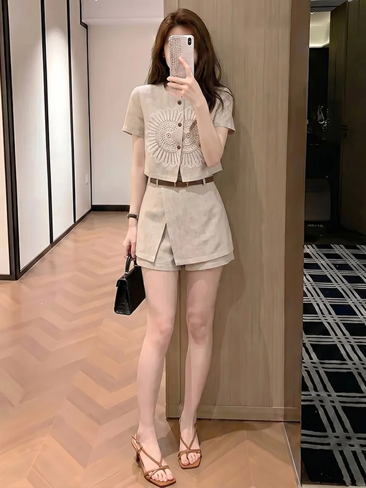 

Retro Cotton Linen Embroidered round Neck Jacket High Waist Fake Two Piece Set Women's Fashion Casual Wear Summer Outfit