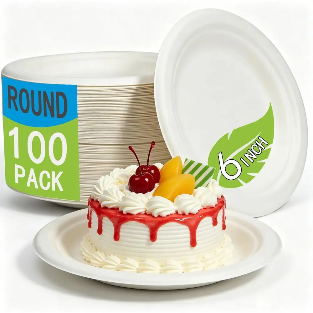 6-Inch Biodegradable Compostable Small Paper Plates (100 Pack) - Ideal for Appetizers, Party, Cake, Snacks | Eco-Friendly White