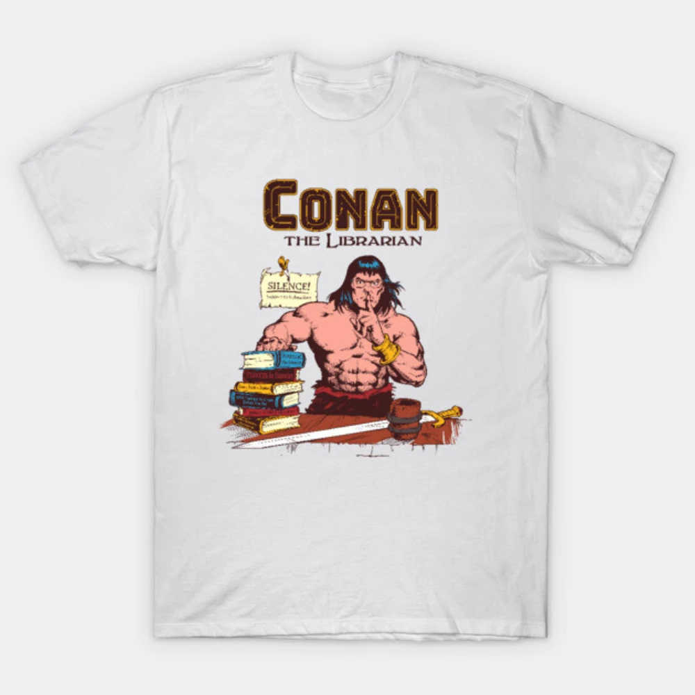 Men Women 2026 Funny Conan Librarian Shush Sign Book Stack Print Cotton Motorcycle T-shirt Retro Barbarian Comic Clothes