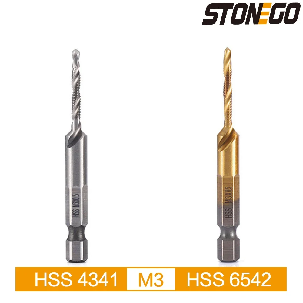 STONEGO HSS 4341 & 6542 Thread Screw Tap Drill Bit HSS Tap Metric High Speed Steel 1/4inch Quick Change Hex Shank