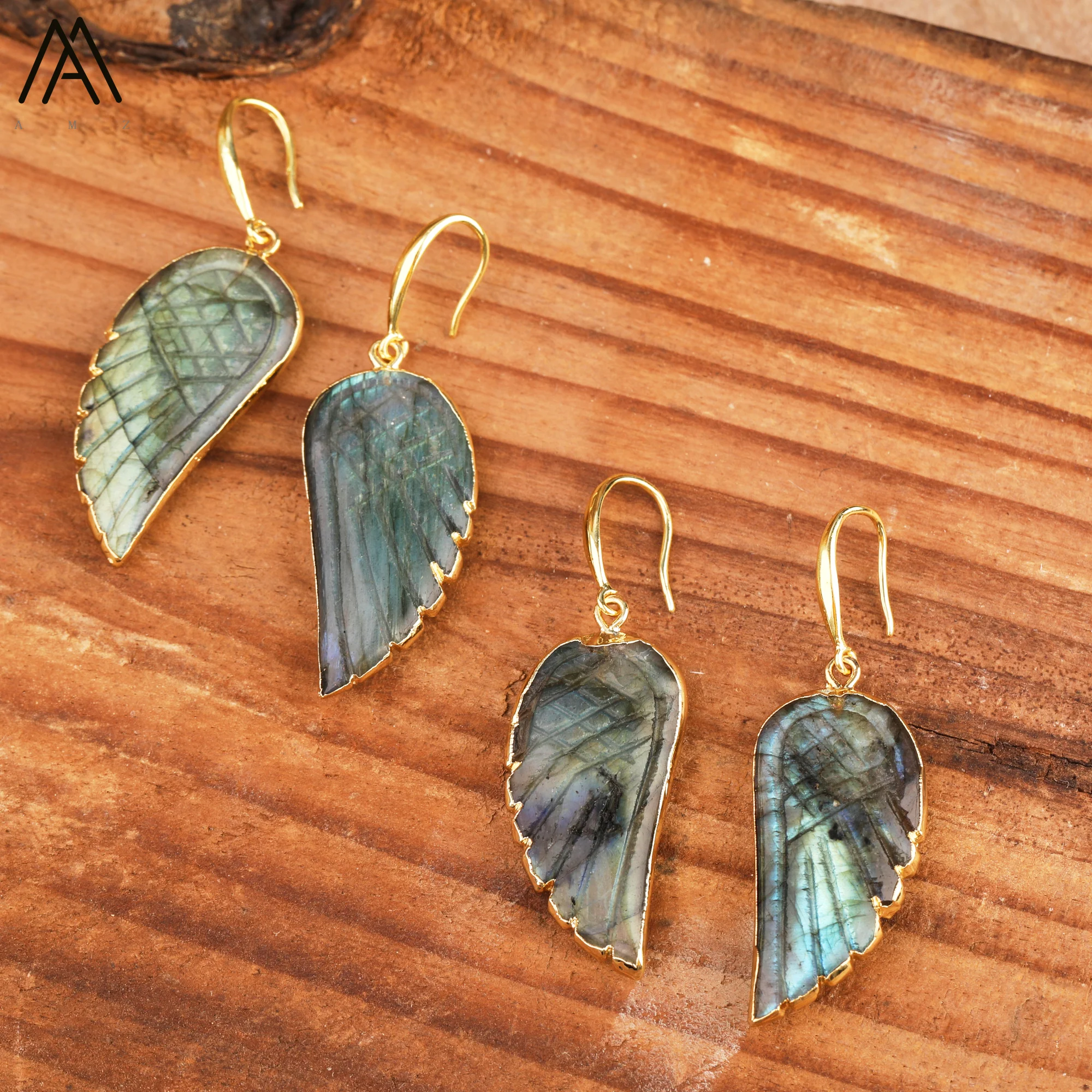 Luxury Flash Labradorite Angel Wings Dangle Earrings Women Rainbow Fluorite Hook Earrings Elegant Party Wedding Jewelry Gifts