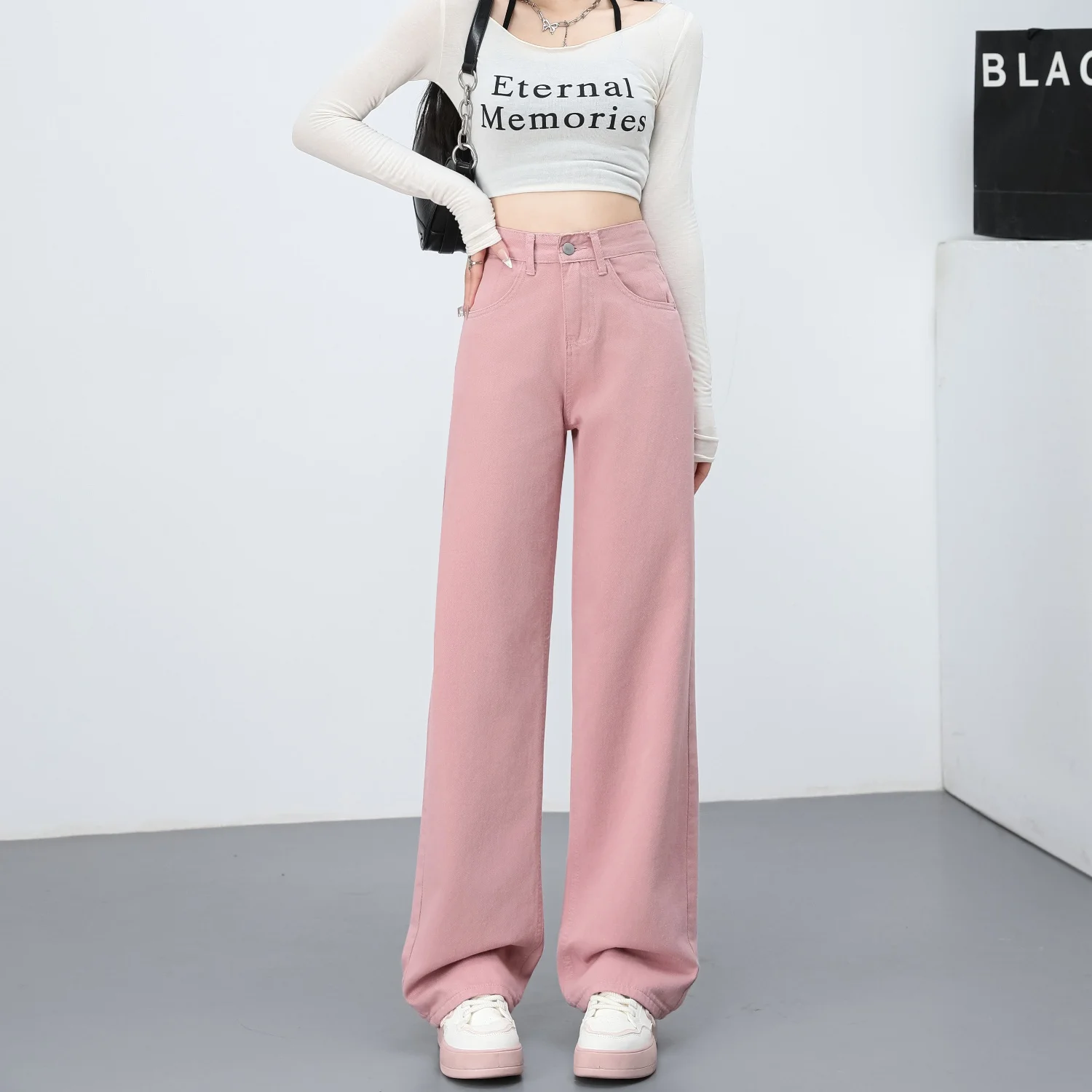 

Корейские винтажные тонкие розовые женские джинсы с высокой талией, утягивающие прямые джинсовые брюки, осенние и зимние базовые джинсовые брюки, новинка