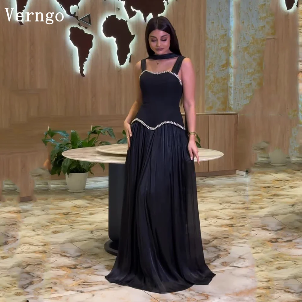 

Verngo Black Velvet Sequined Evening Dress Spaghetti Straps A Line Pleated Formal Occasion Dress Arabia Prom Gown Customized