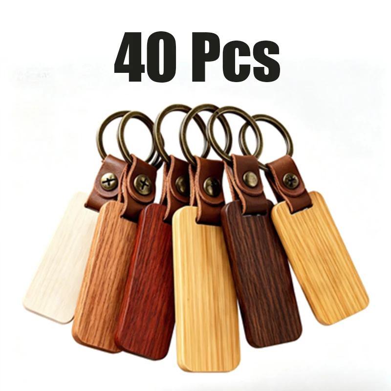 40Pcs DIY Craft Blank Wooden Keychain,Natural Wood Color Rectangle Key Tags with Leather Strap Metal Rings