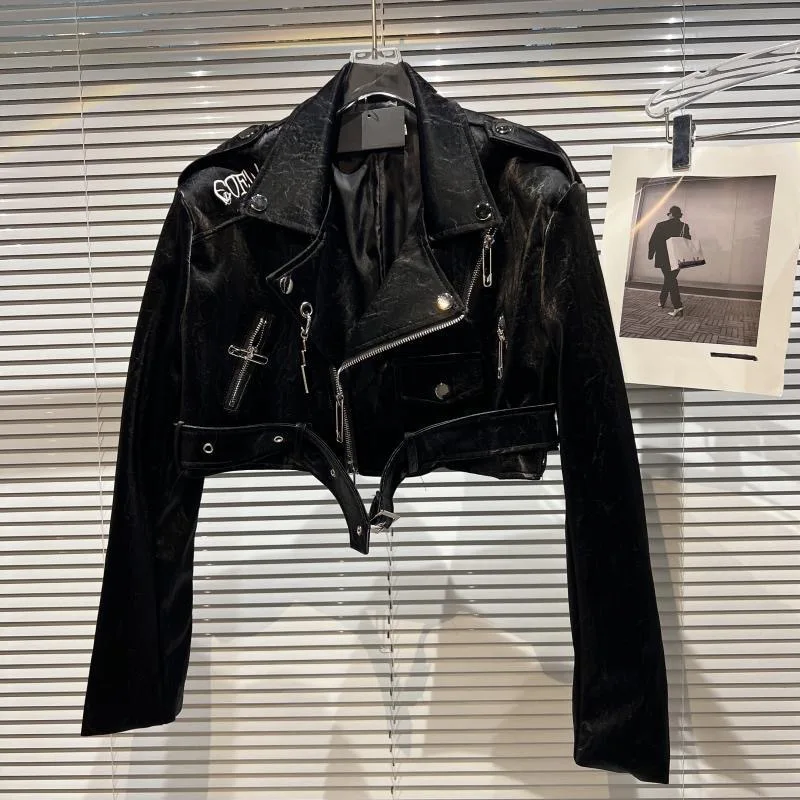 girls leather jacket crop top spring autumn back embroidered PU children zipper locomotive coat belted kids clothes 3 to 16 yrs