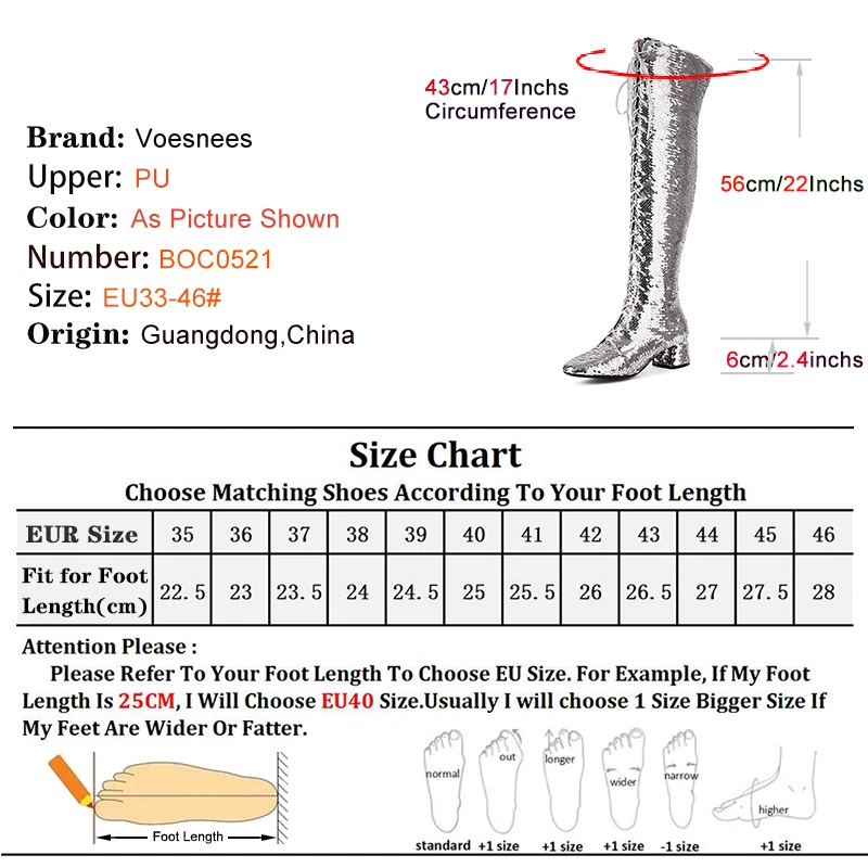 Women Over the knee Sequined Shoes 6CM Chunk Heeled High Heels Night Club Glitter Female Boots Size 33-46 Side Zipper Long Boots