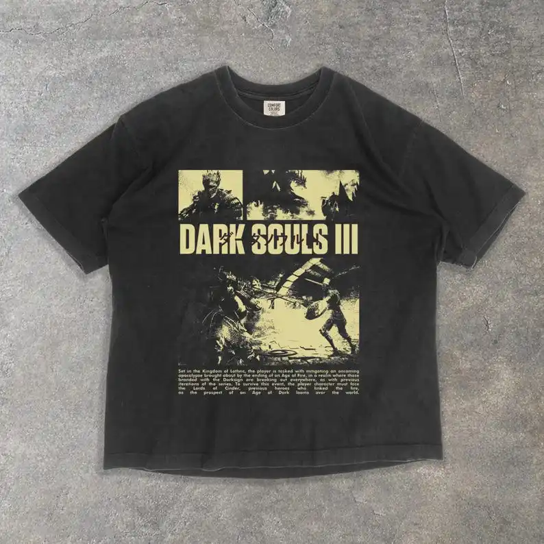 Camiseta de Algodón Lavado con Diseño Retro de Dark Souls III, Corte Holgado para Fanáticos de Dark Souls y Estilo Vintage, Camisetas Cómodas y a la Moda