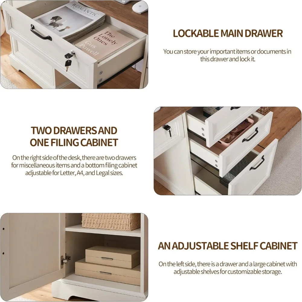 "60 Inch Farmhouse Style Executive Desk with 40 Inch Rolling File Cabinet, L-Shaped Desk Setup Including Charging Station, Offic