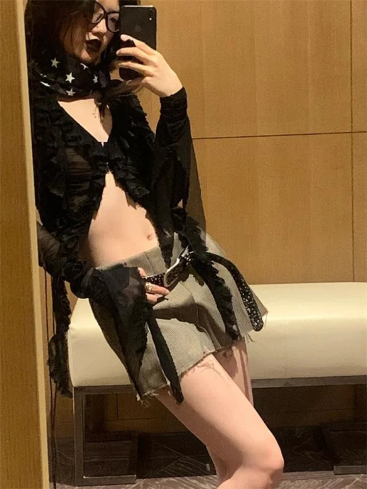 Ruffles Hotsweet Camicie Donna Estate Manica lunga Ritagliata Per il tempo libero Protezione solare Scollo a V Clubwear sexy Stile europeo Hip Hop Estetica