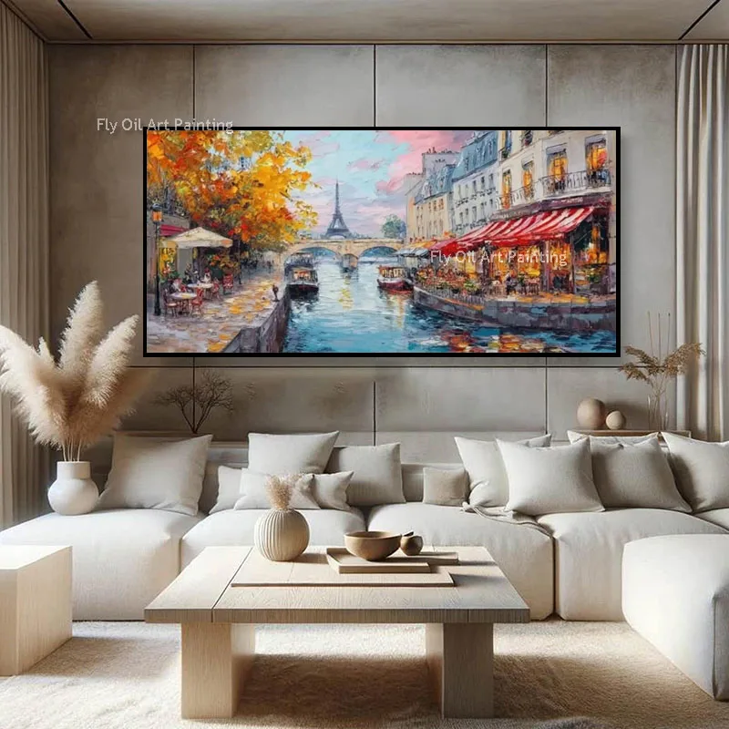 Original Hand Painted French City Oil Painting, Heavy Texture Palette Knife Paris Autumn Scene Canvas Art