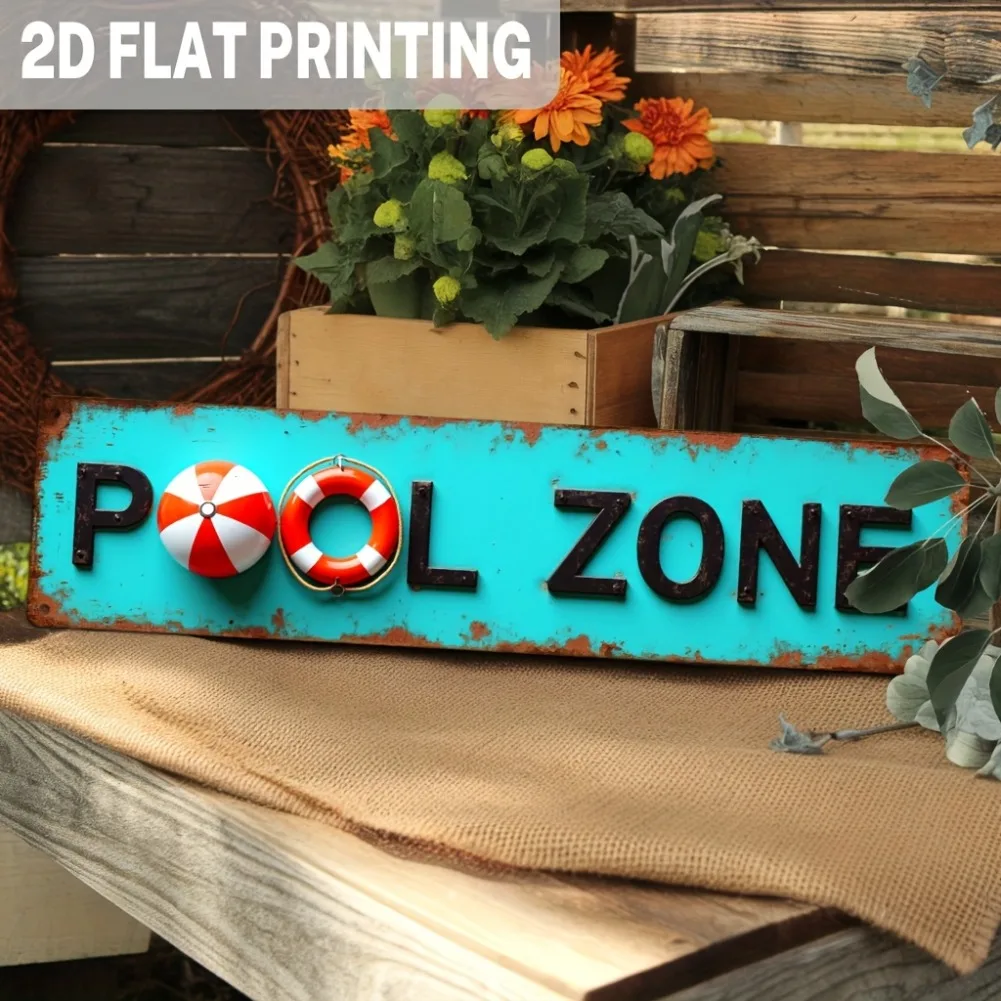 Décoration murale plate en métal 2D Vintage Pool Zone, 1 pièce, conception d'anneau de vie Turquoise et rouge 15.74x3.93 pouces, décor nautique pour bord de piscine