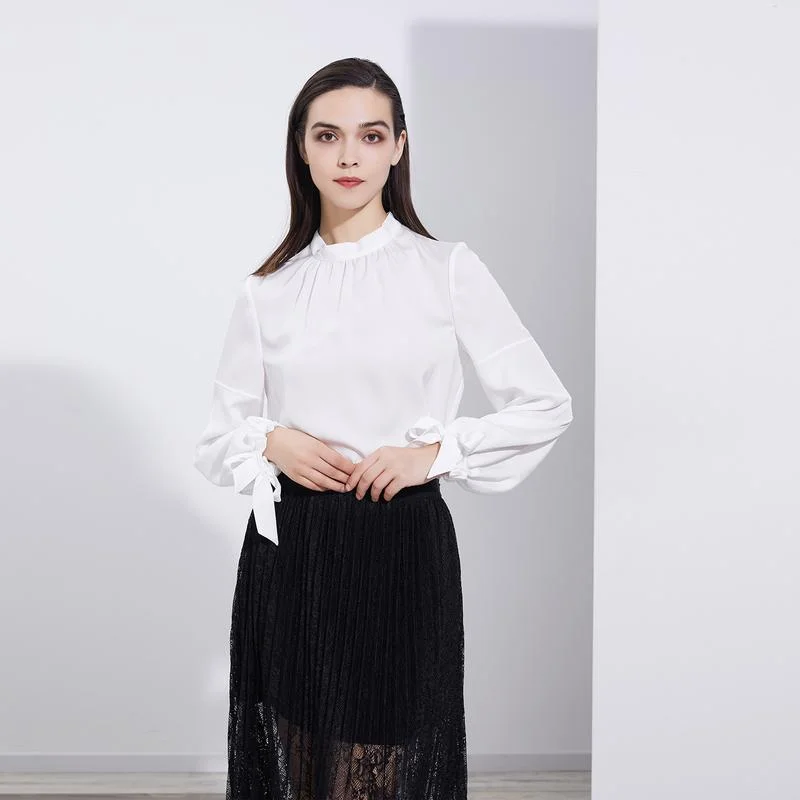 

White Lace-d Stand-Collar irt Women's Profional Top Court Sve Pullover irt French Sle Loose Long Sve