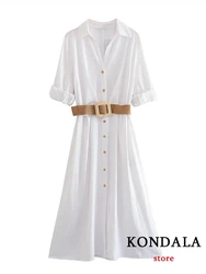 KONDALA New Chic Solid White Button Belt Slim Split Women Dress Fashion 2023 Summer pendolarismo mezza manica A Line Holiday Vestido