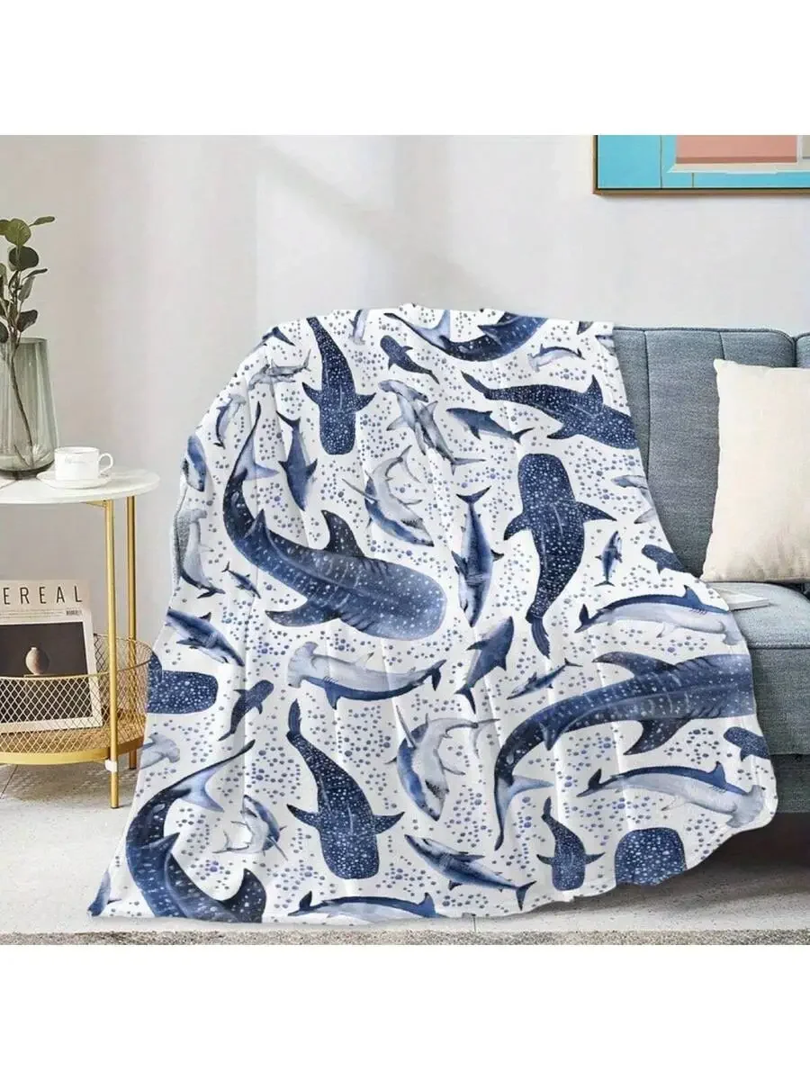Cozy Ocean Shark Flannel Throw Blanket Blue White Whale Print Soft Warm Lightweight for Bed Sofa Machine Washable