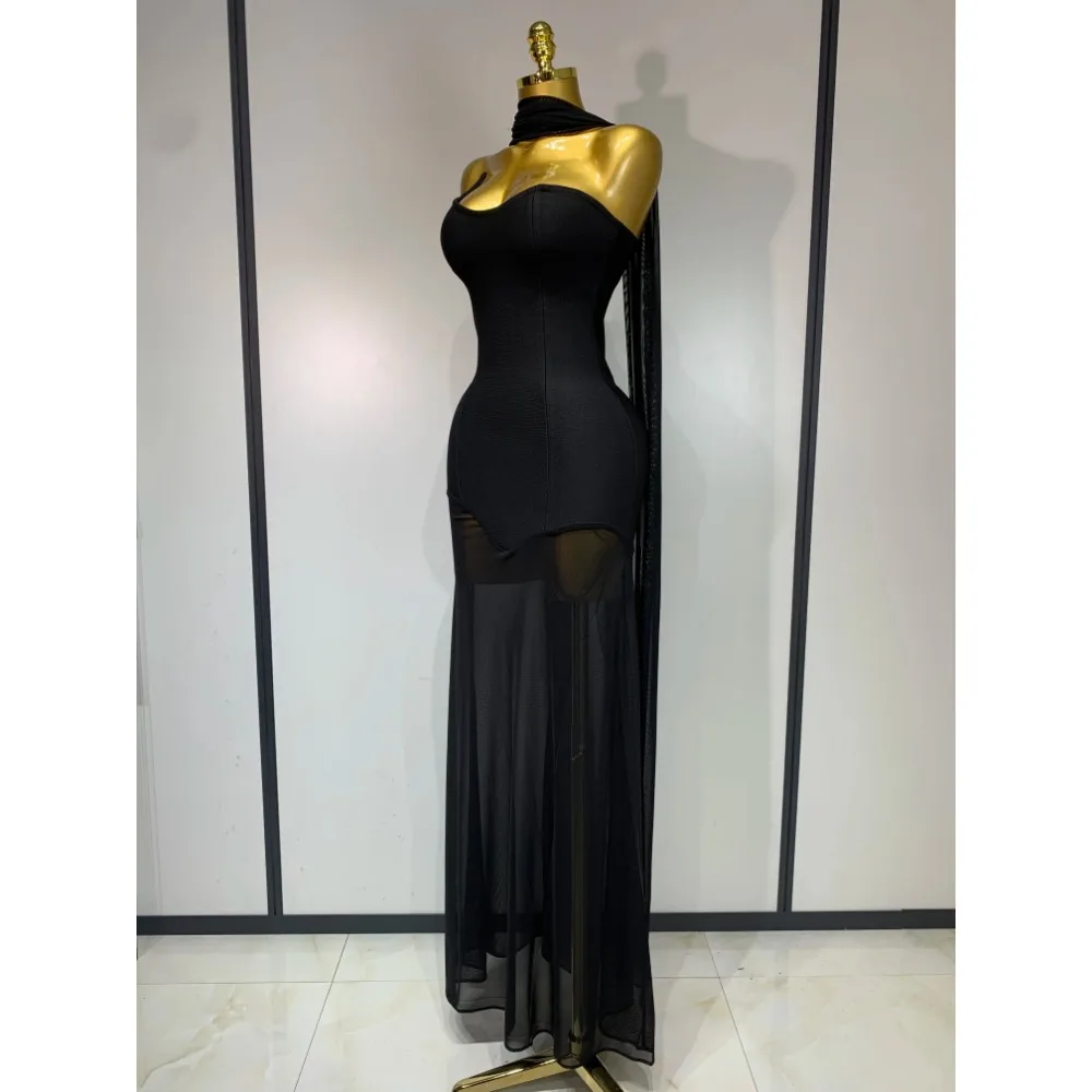 Women Sexy Strapless Mesh Patchwork Long Dress Elegant Evening Party Gowns Bodycon Dresses Stage Costume