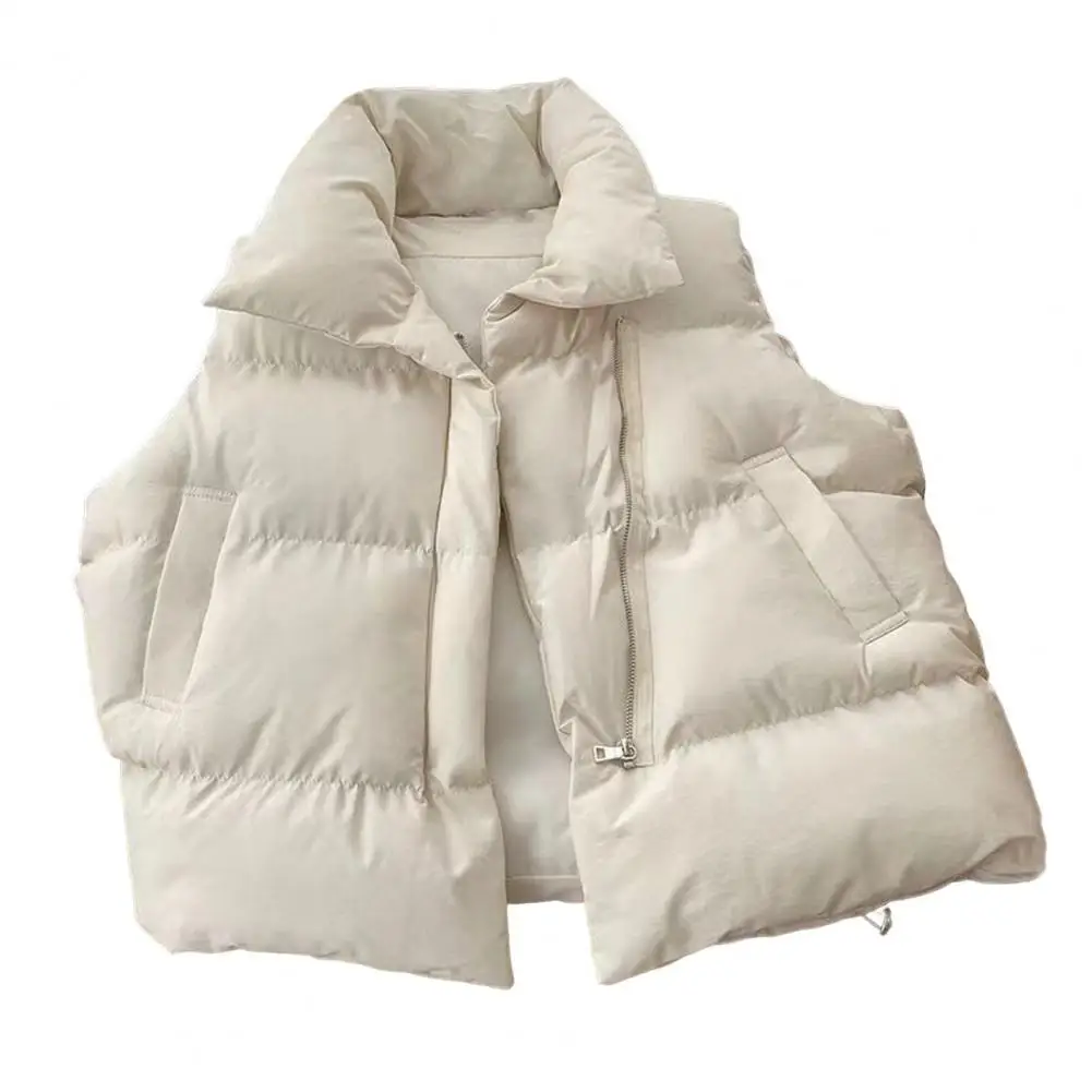 Winter Women Vest Coat Padded Zipper Closure Turn-down Collar Sleeveless Winproof Heat Retention Outdoor Down Coat