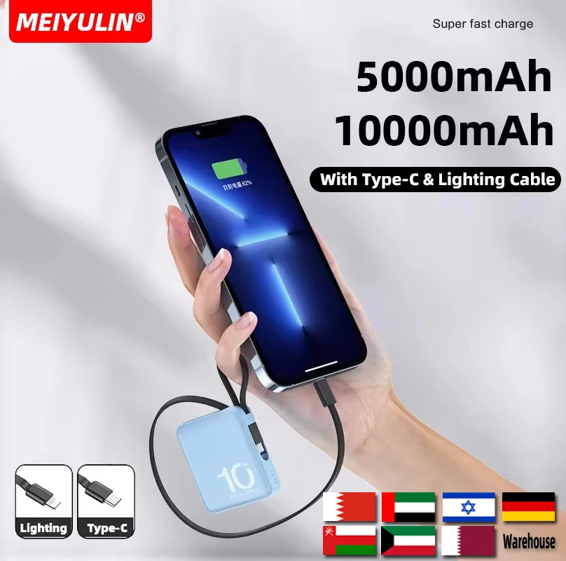 10000mAh Power Bank Large Capacity Mobile Battery With USB C Cable 5000mAh Portable External Powerbank For iPhone Samsung Xiaomi