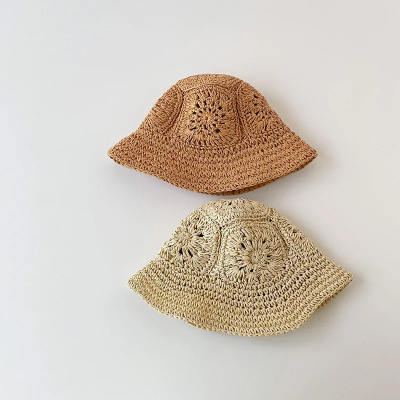 New Summer Kids Straw Hat Summer Girls Baby Outing Sun Hat Retro Hollow Beach Sunscreen Straw Basin Hat Infant Fisherman Cap