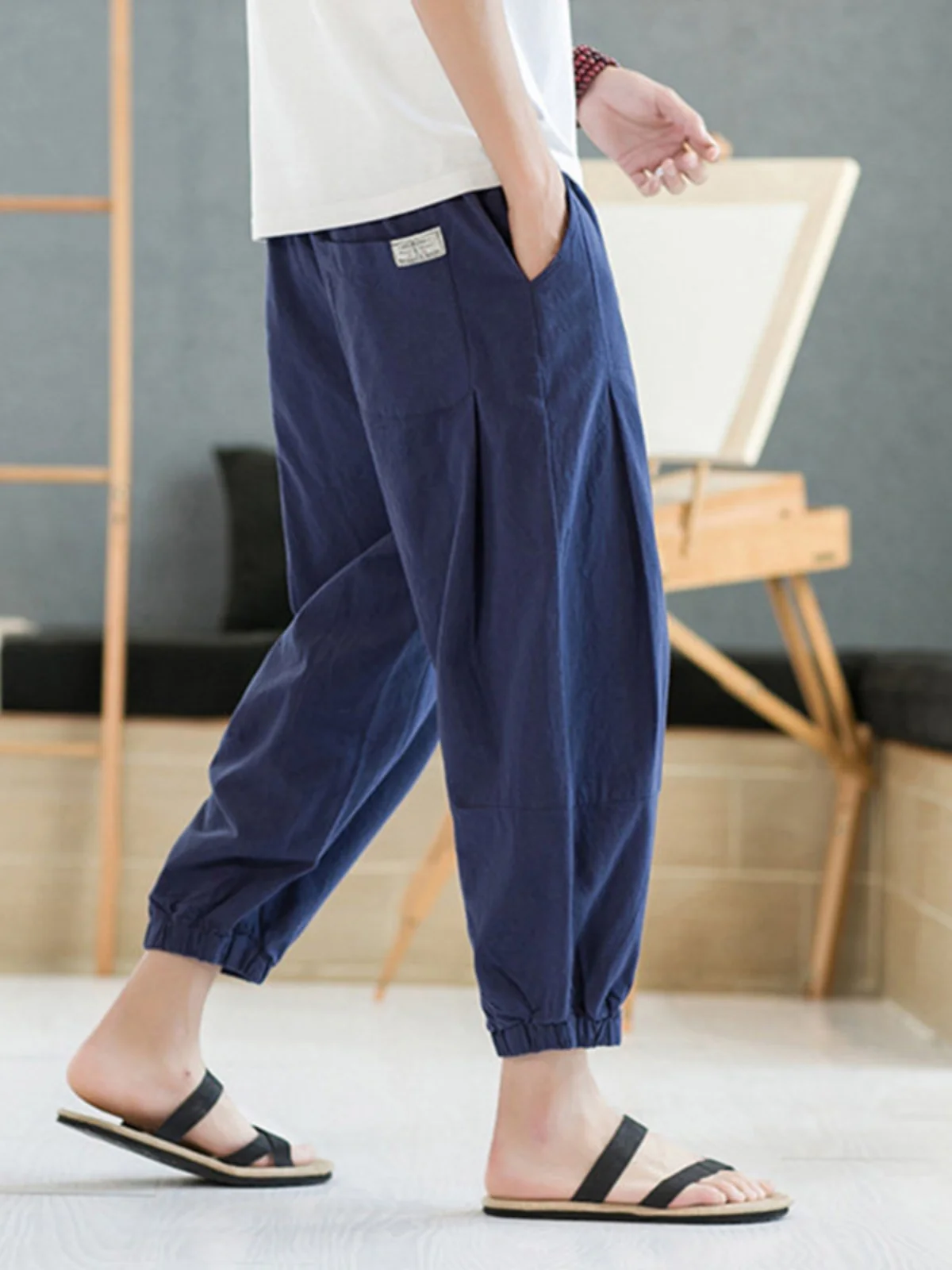 Men's Summer Thin Cotton Linen Loose Wide Leg Lantern Pants Cuffed Seven-Five Pants Casual Fashionable Harajuku Style