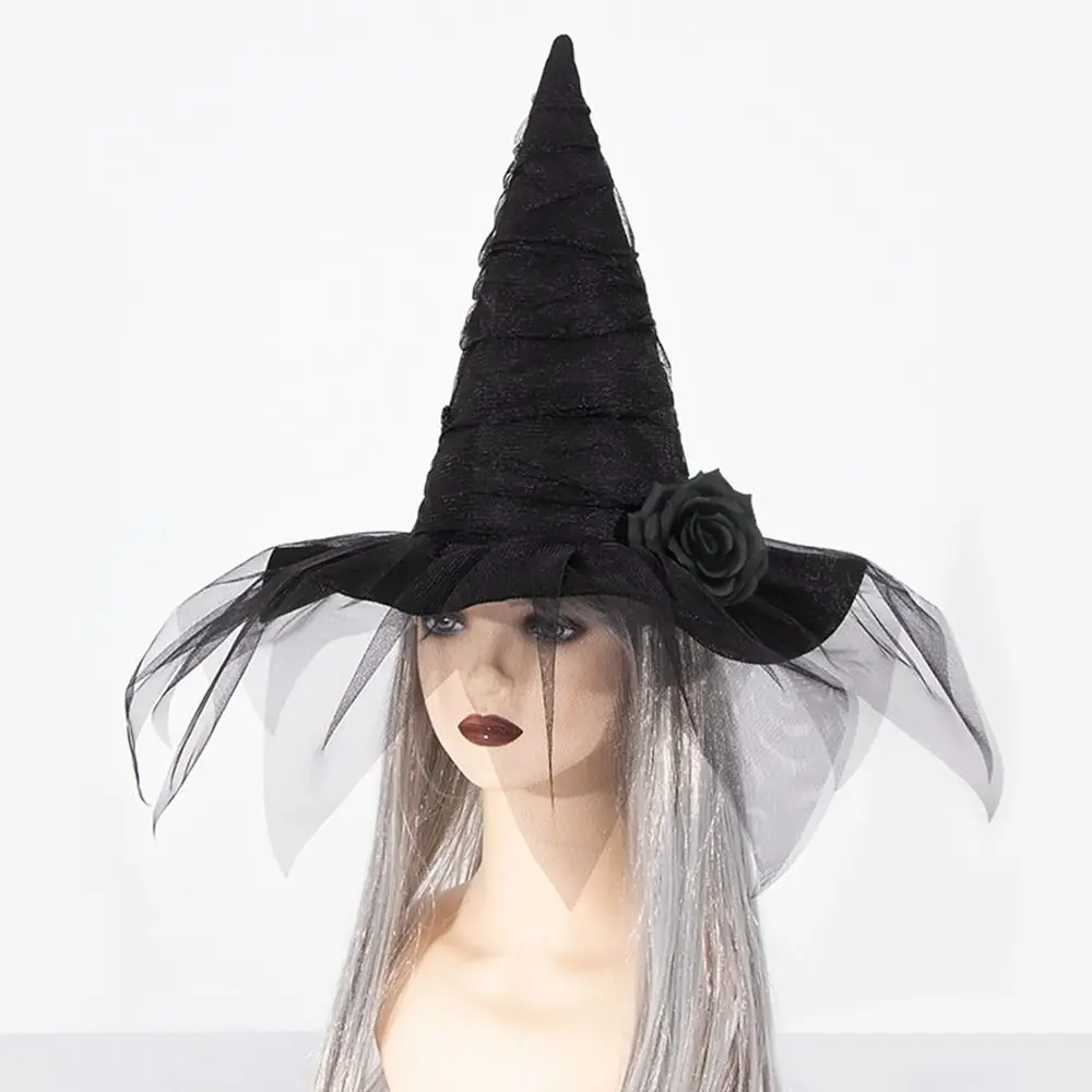 Simple Black Halloween Witch Hats Mesh Baroque Wizard Cap Costume Accessories Photo Props Adult