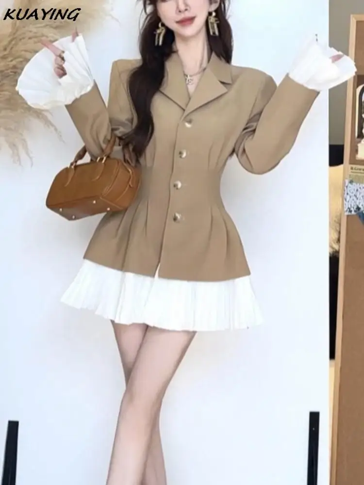 Elegant Patchwork Suit Dress Women Single Breasted Flare Sleeve Turn-down Collar Pleated Autumn Korean Chic Casual New Clothes