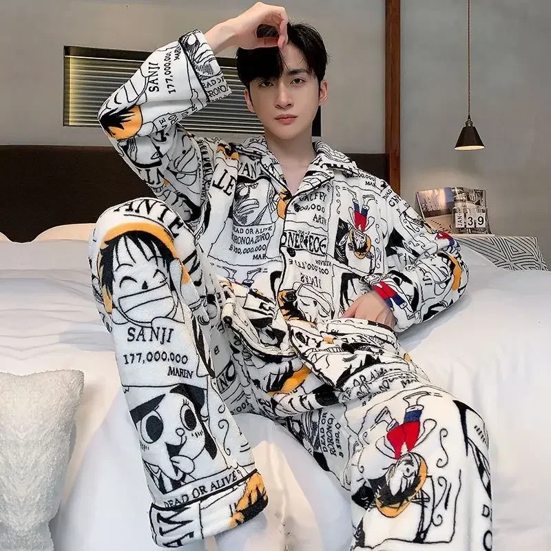 Anime ONE PIECE Luffy Winter Pajamas Set Men Women Pyjamas Cartoon Flannel Loung Sleepwear Teens Boys Pijama Mujer Homewear Gift