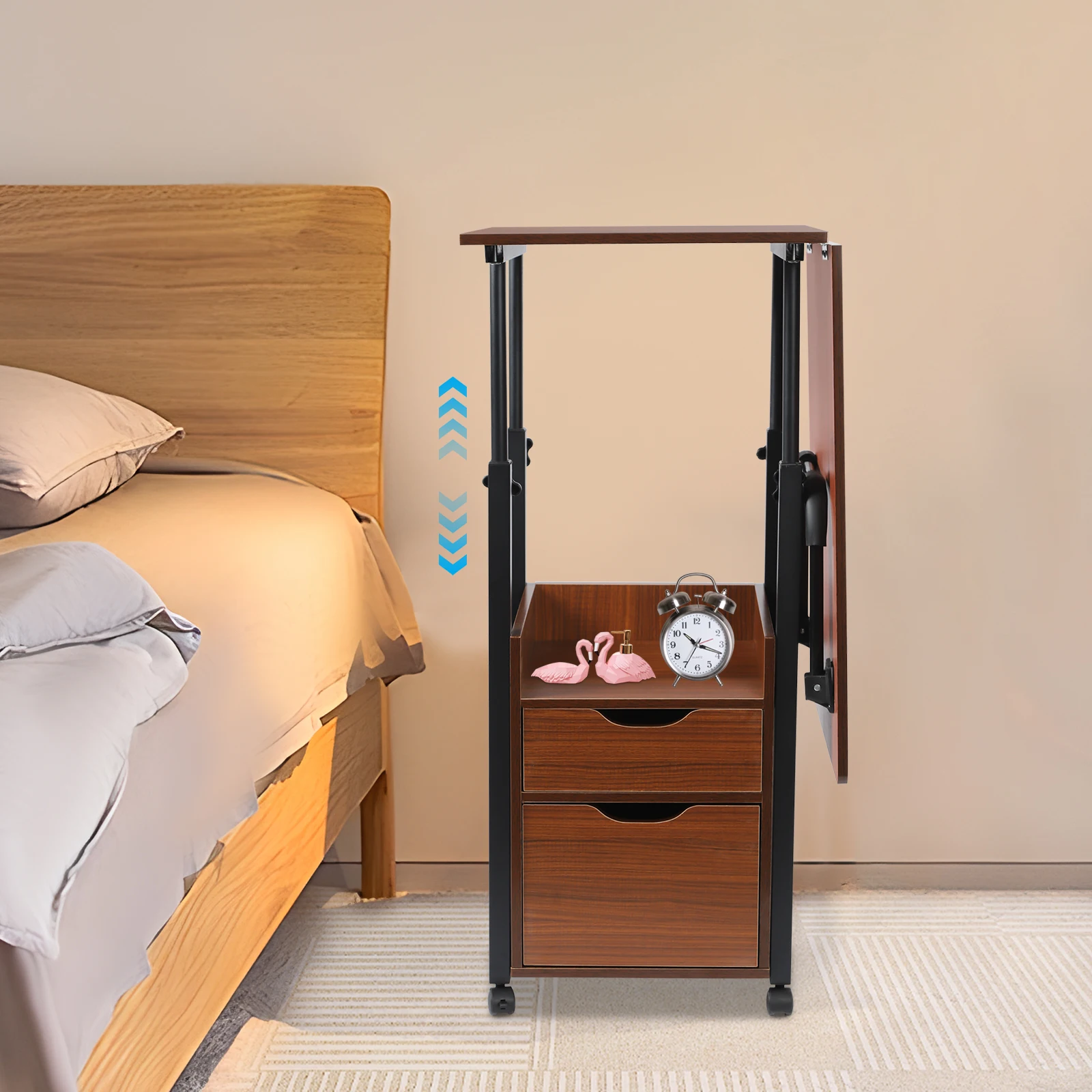 

Modern Black+Oak Overbed Table 4 Universal Wheels(2 With Brakes) Drawer+Open Compartment Organizes Books&Daily Necessities