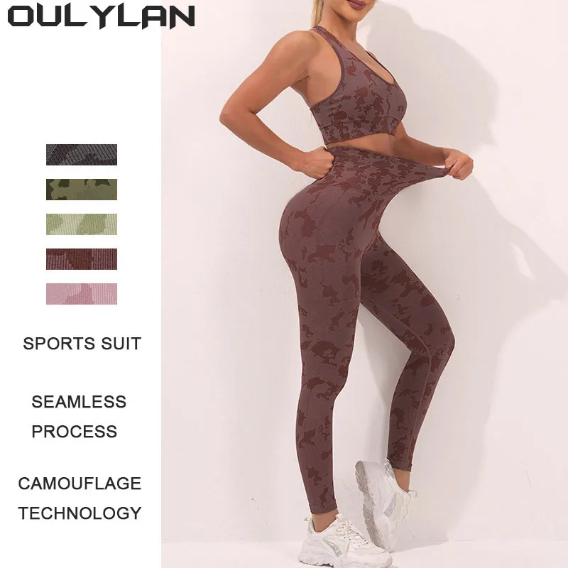 Oulylan High Waist Leggings Fitness Sports Suits Seamless Camouflage 2 PCS Women Tracksuit Seamless Yoga Set Workout Gym