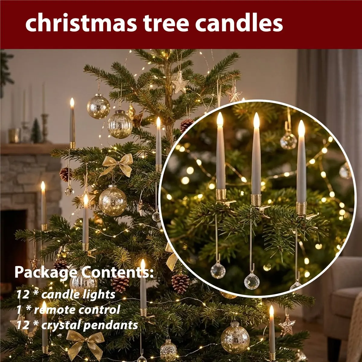DT77 12pcs Flickering Remote 0.5In X 6In LED Short Taper Candles with 12 Crystal Ball Hooks,Flameless Warm Light Candlesticks
