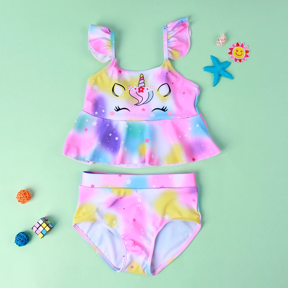 Girl s Two Piece Swimsuit Children s Unicorn Pattern Ruffle Hem Fly Si Tops Swimming Shorts for Kids