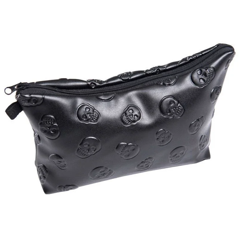 

1 pc Black Skull Cosmetic Bag Women PU Leather Laser Makeup Bag Travel Organizer For Cosmetics Toiletry Kit Bag Dropshipping