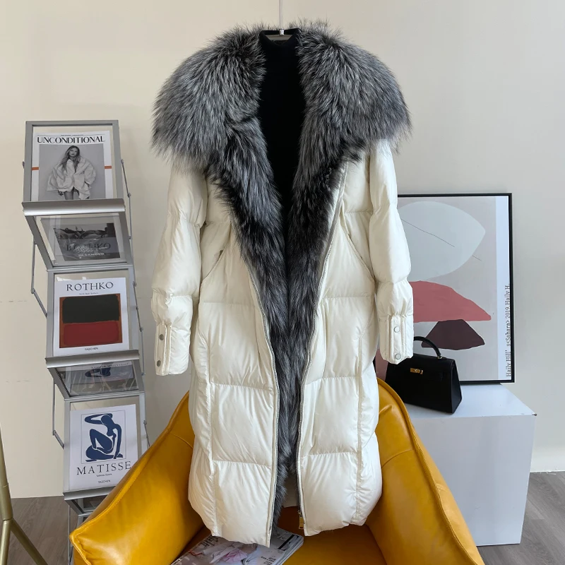 New Fashion Winter Women\'s Coat White Goose Down With Real Fox Fur Collar Long Jacket Full Sleeves Thick Warm Luxury Female Coat