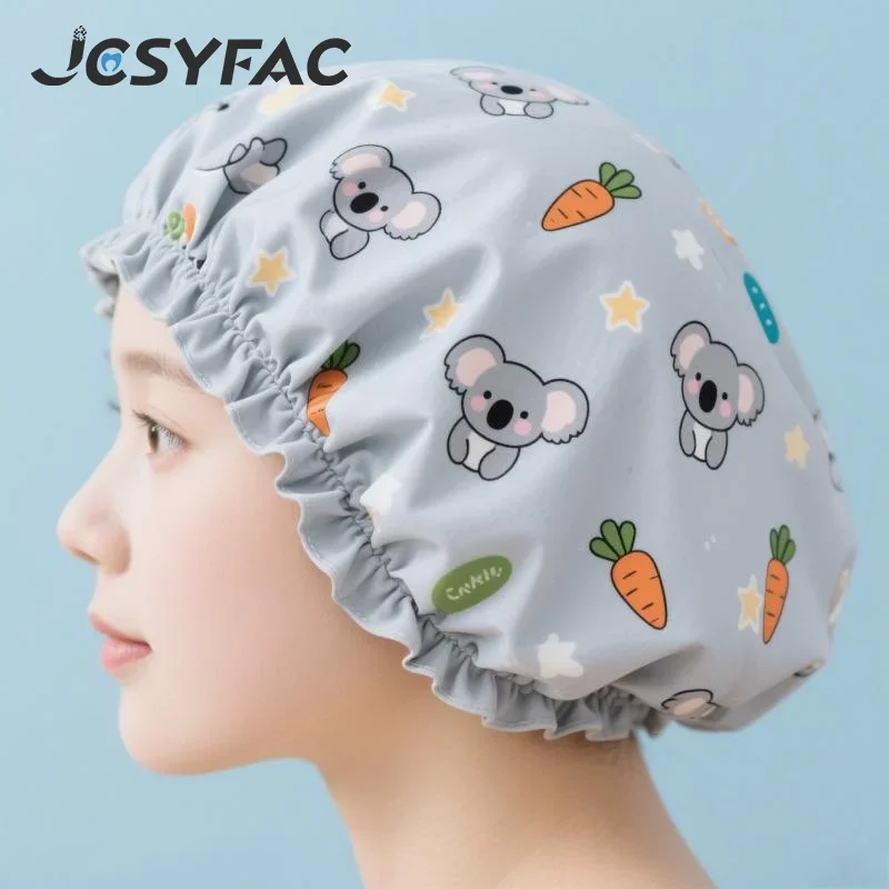 1Pcs Women Reusable Shower Cap Waterproof Wide Elastic Band Bathroom Cup Cartoon Cat Bear Dog Shower Hat Bathroom Accessories