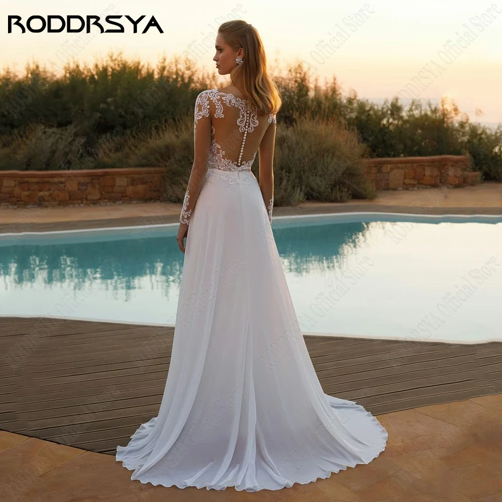 RODDRSY Civil Chiffon Wedding Dresses Long Sleeves Illusion Bride Gowns A-Line Side Split V-Neck Classic vestidos de novia