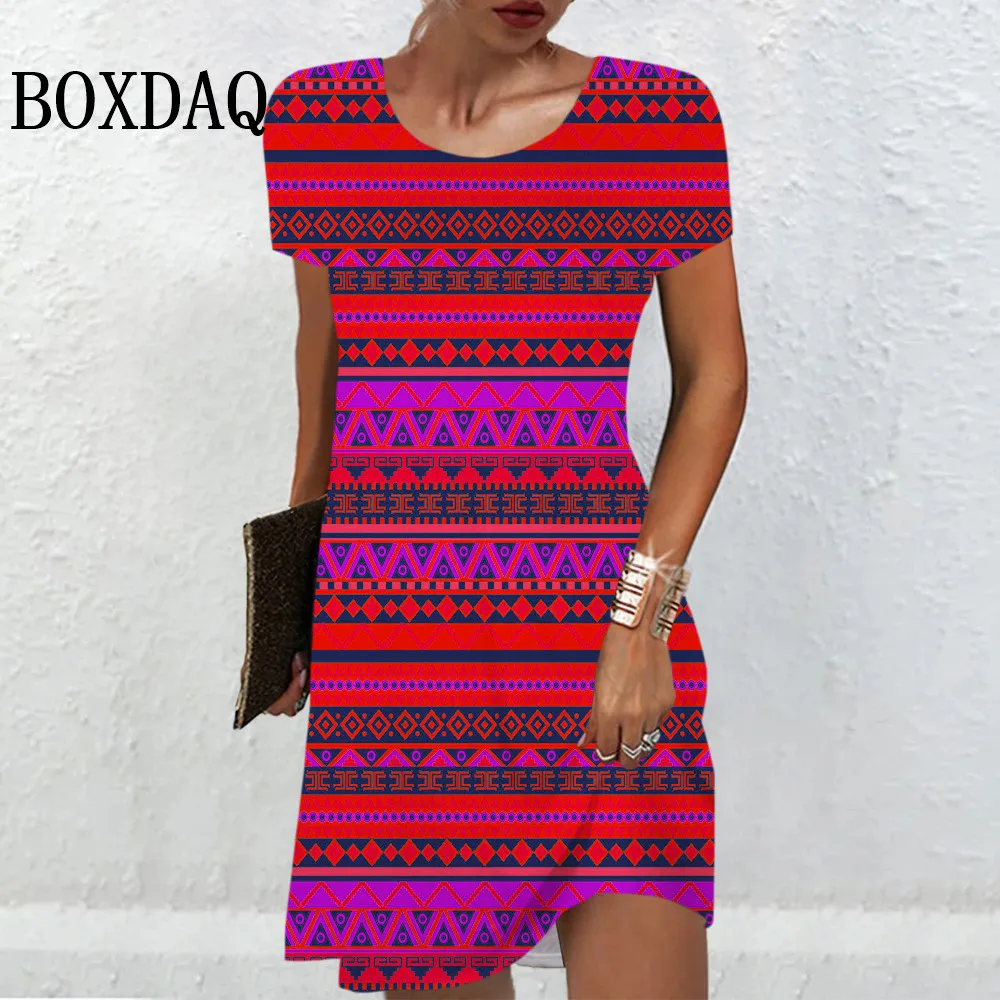 Summer Women Ethnic Style Dress Ladies Casual Short Sleeve Vintage Clothing Geometry Print Dress Female Fashion Plus Size Dress