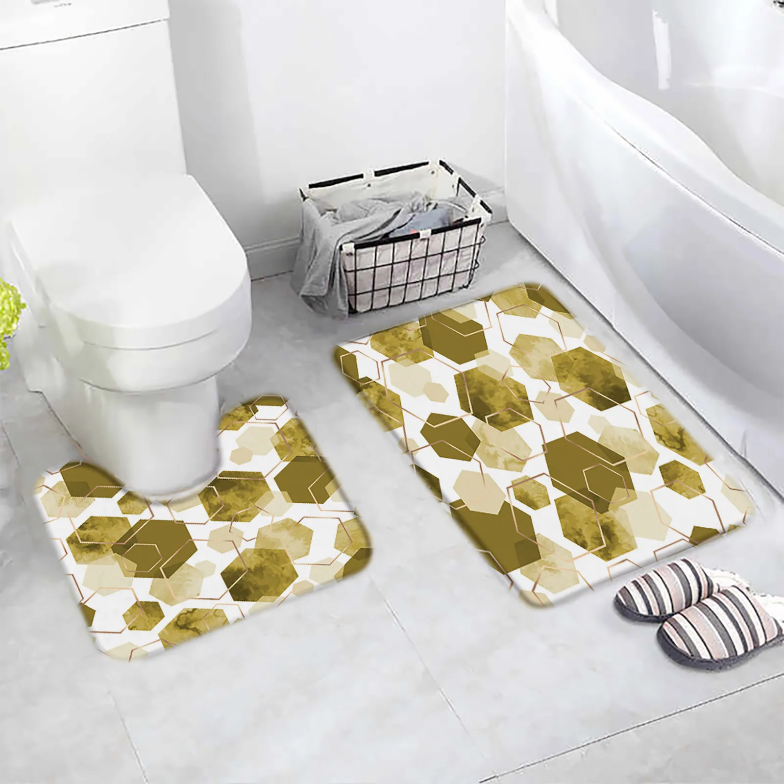 Creative Geometric Bath Mat Set Blue Hexagonal Gold Line Modern Art Home Floor Carpet Bathroom Decor Non-Slip Rugs U Shape Mats