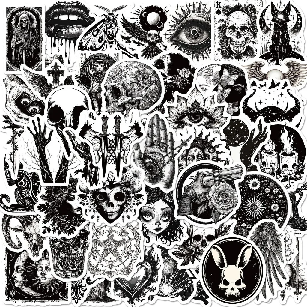 50Pcs Black‑White Gothic Punk Stickers, Spooky Dark‑themed Doodle Decals, DIY Decor Ornaments for Notebook AnimeWorlds Store