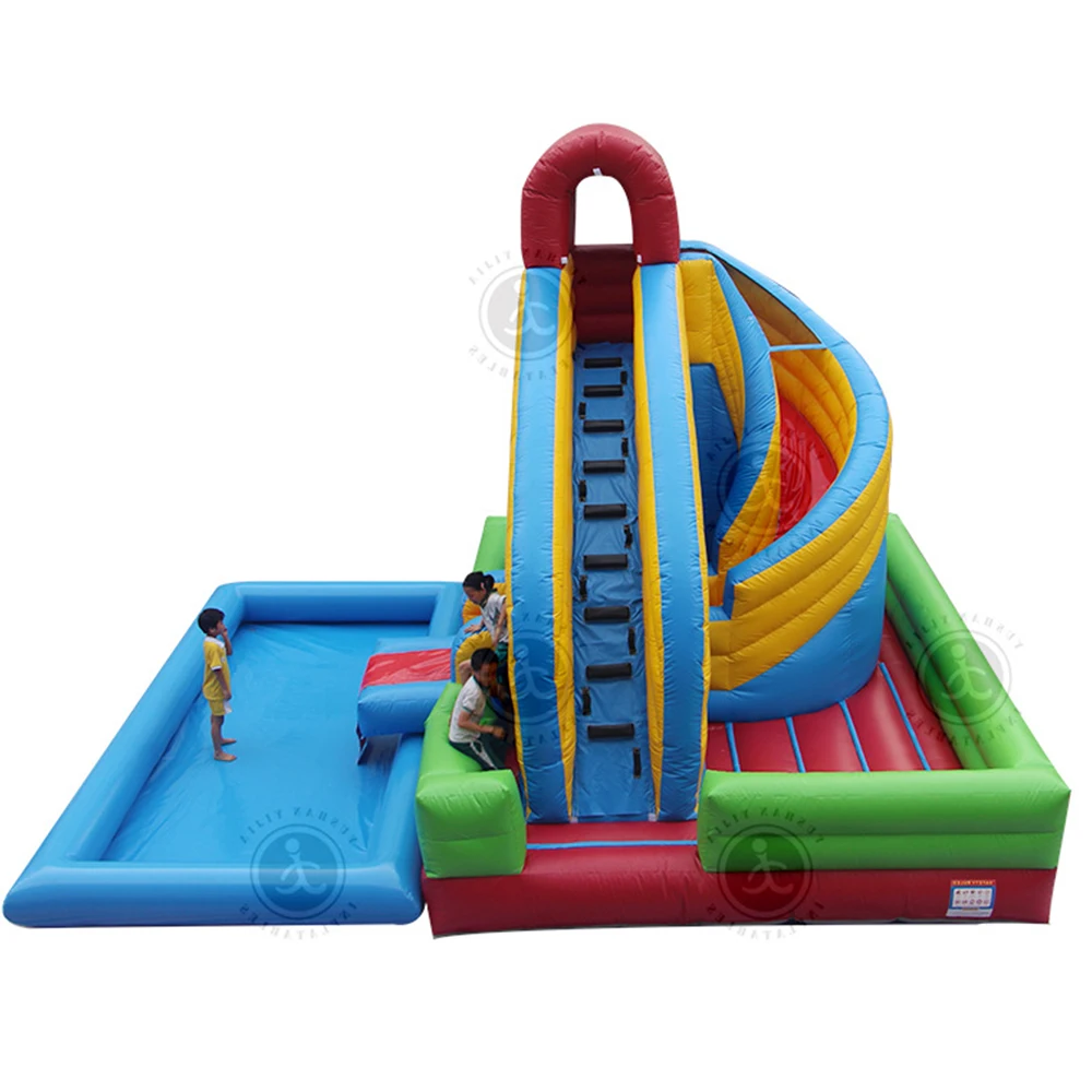 Large colorful inflatable castle slide with pool for children outdoor long slide castle, inflatable slide