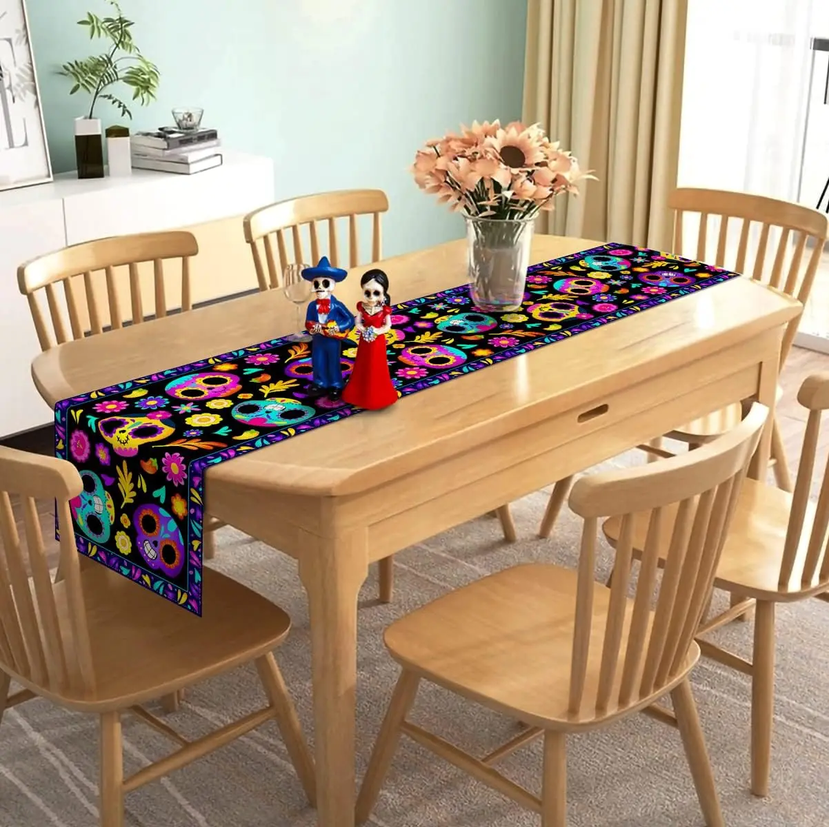 Halloween Mexican Fiesta Sugar Skull Linen Table Runners Dining Room Decor Washable Dining Home Table Runners Party Supplies